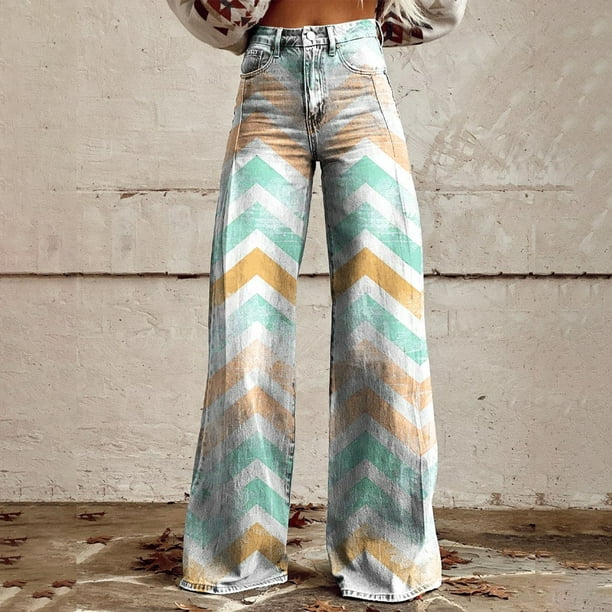 WILLBEST Jeans Mujer Pantalones Vaqueros de Pierna Ancha para Mujer, de Cintura Alta, Informales, Con Estampado Floral de Los Años 90, Cómodos y Holgados para Uso Diario. Extra Grande