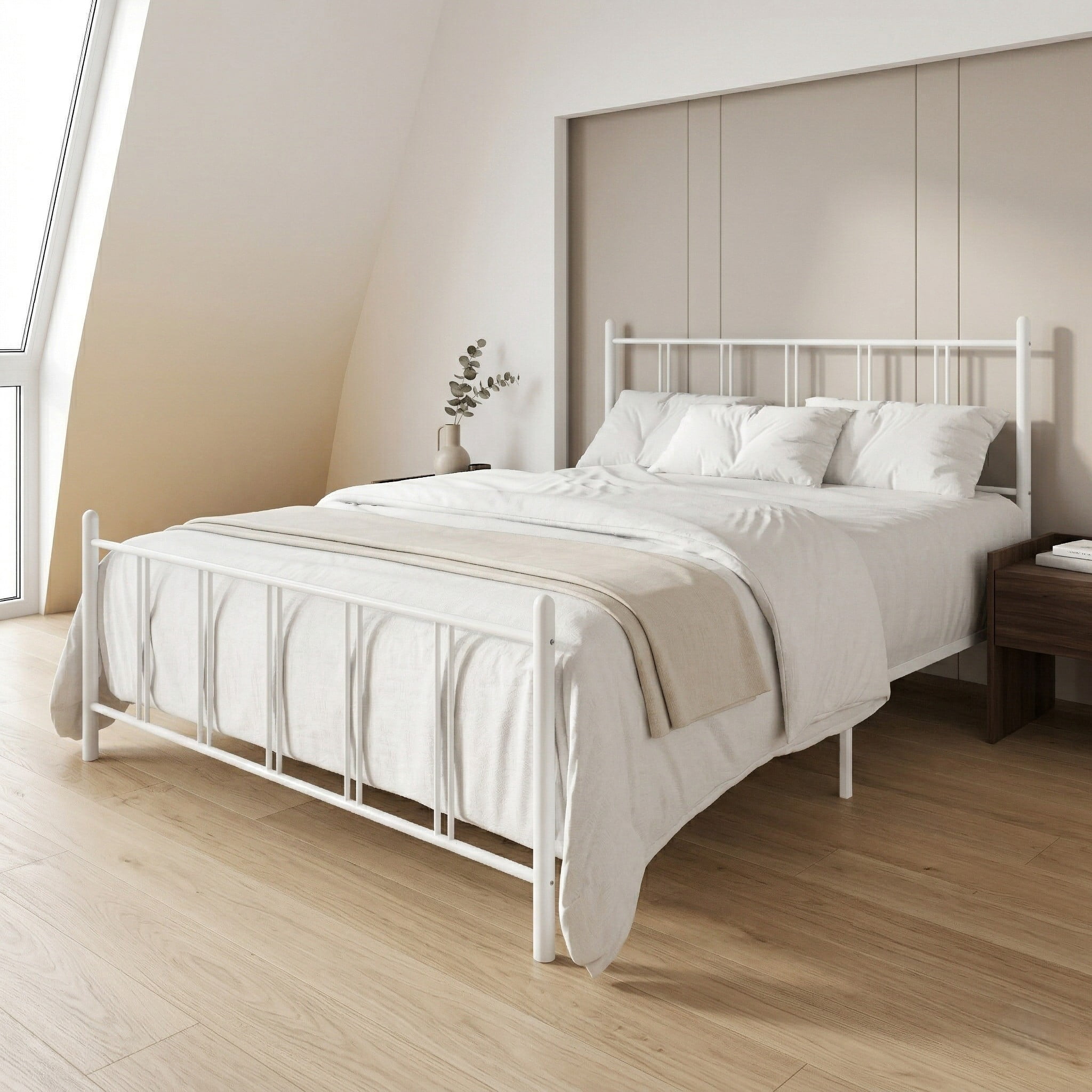 Home Design Decatur Twin Metal Platform Bed Frame, Classic Vertical Slat Headboard & Footboard, Easy Assembly, White