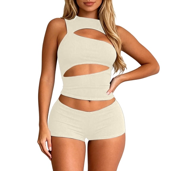 FUZHIQ Womens Summer Outfits 2 Piece Sleeveless Crew Neck Cut out Crop Top Bodycon Shorts Set Y2k Solid Color Stretchy Slim Fitted Matching Sets for Night out Club Party Wear Beige S