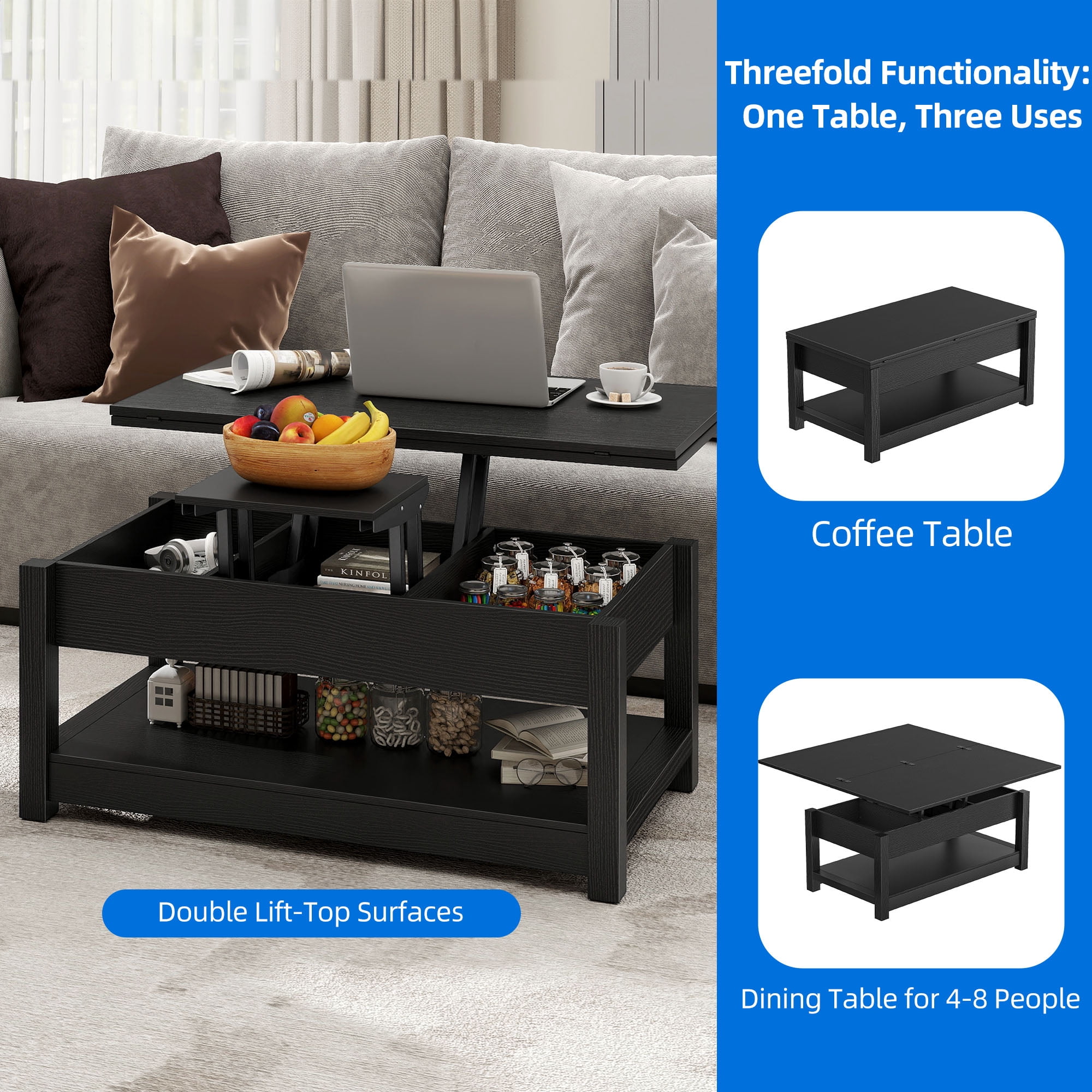 Uforic Farmhouse Lift Top Coffee Table, 3-in-1 Center Table with Storage for Living Room, OAK