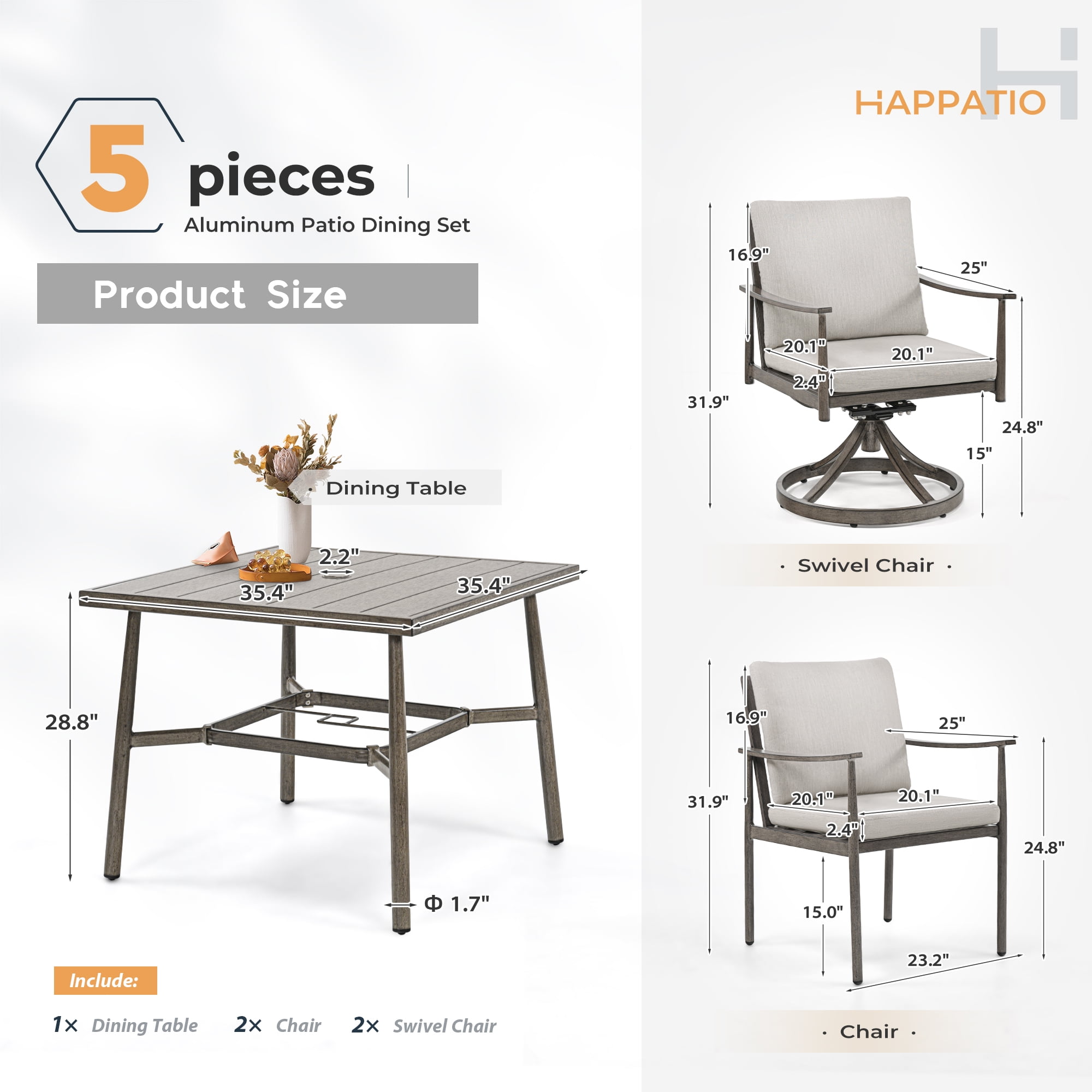 HAPPATIO 5-Piece Outdoor Dining Set for 4, Aluminum Patio Dining Setcludes 1 Large Square Table with Umbrella Hole, 2 Swivel Dining Chairs, and 2 Dining Chairs, for Lawn, Porch, Backyard (Grey)