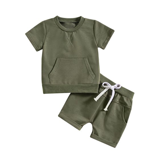 Boys Girls Two Piece Outfits Toddler Kids Boys Girls Fashion Cute Solid Color Short Sleeve Pocket Top Shorts Suit Summer Outfits for Girls Boys