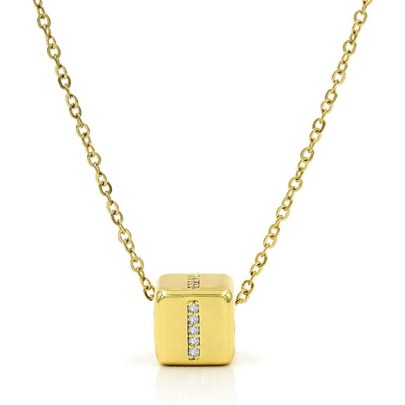 Yellow Gold Plated Initial Dice, Box A - Z Cubic Zirconia Slider Letter Pendant Mens Womens Necklace, Giorgio Bergamo Gold, I