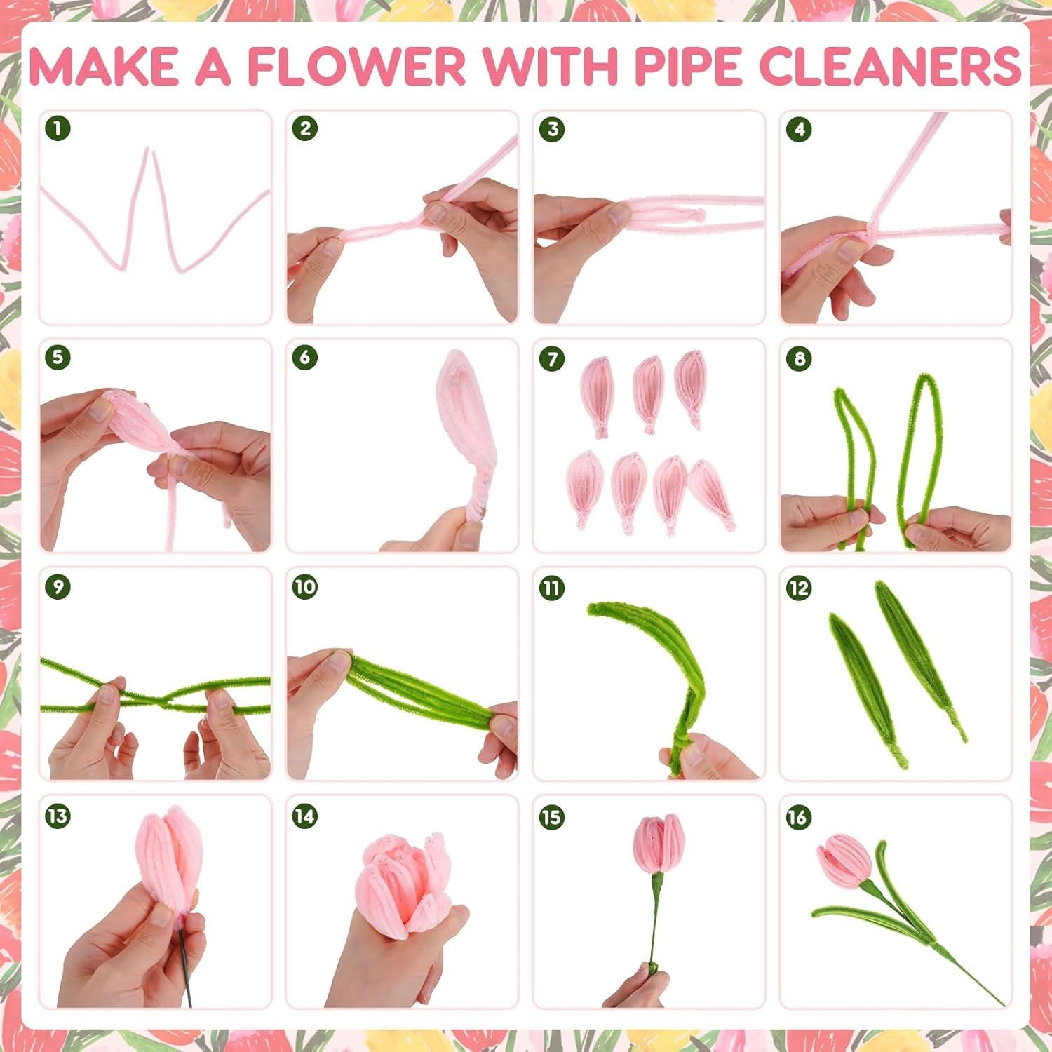 600 pipe cleaner craft set, loose pipe cleaner flower making set, 6-color chenille strip flower making set, suitable for arts and crafts.