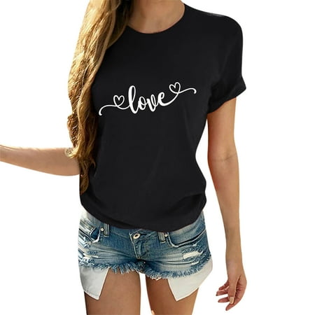 ZHOUCHANKIDS Matching Valentine s Day Print Tops For Couples Short Sleeve Blouse Shirts Women s T-Shirt Black M