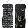 Dual sided Hanging Jewelry Organizer with 40 Pockets and 24 Hook & Loops Closet Necklace Holder for Earring Bracelet Ring Chain with Hanger, Black