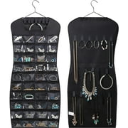 Dual sided Hanging Jewelry Organizer with 40 Pockets and 24 Hook & Loops Closet Necklace Holder for Earring Bracelet Ring Chain with Hanger, Black