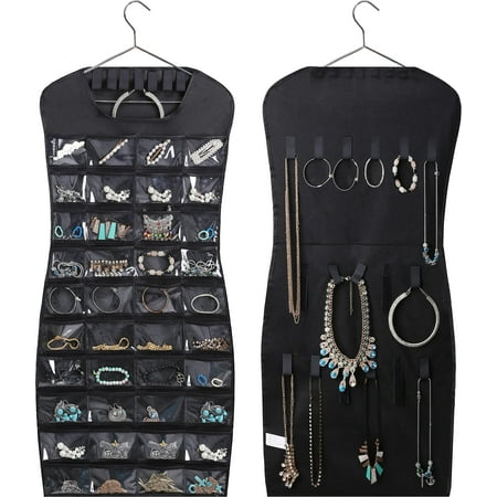 Dual sided Hanging Jewelry Organizer with 40 Pockets and 24 Hook & Loops Closet Necklace Holder for Earring Bracelet Ring Chain with Hanger, Black