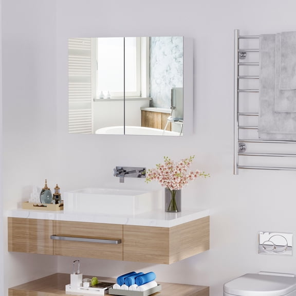 Living Room Cabinets HOMCOM Double Door Wall Mounted Bathroom Mirror, 31.5" x 23.5" Medicine Cabinet with Modern Design, Large Storage, & Quiet Hinges,Metal Cabinets