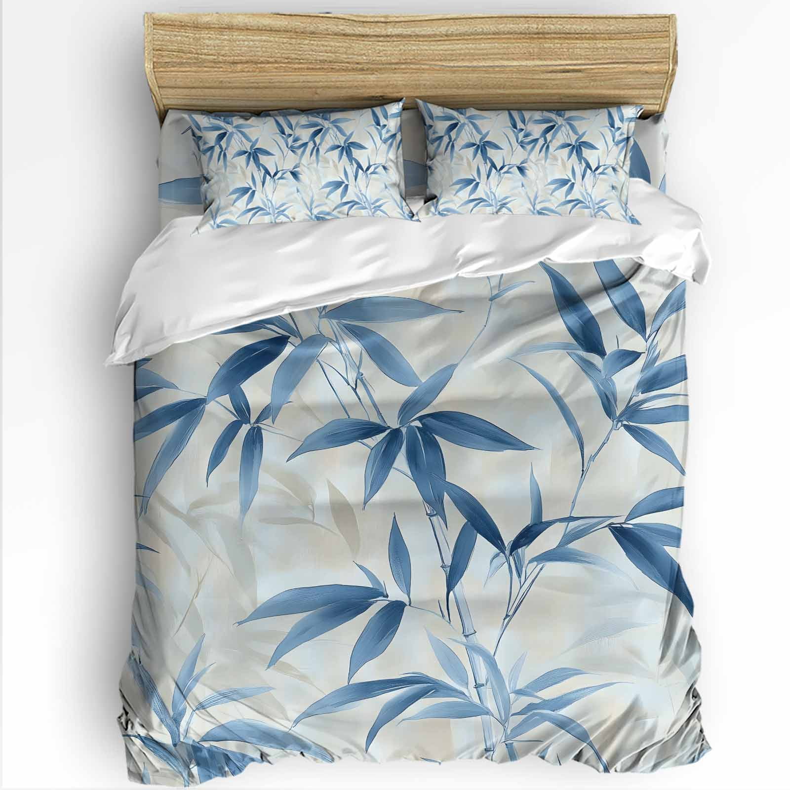 Abstract Bamboos Leaf Queen Duvet Cover Set, Blue Branches Leaves Watercolor 4 Piece Microfiber Bedding Set with Zipper Closure, Bed Sheet and 2 Pillow Shams, Soft Bedding Cover