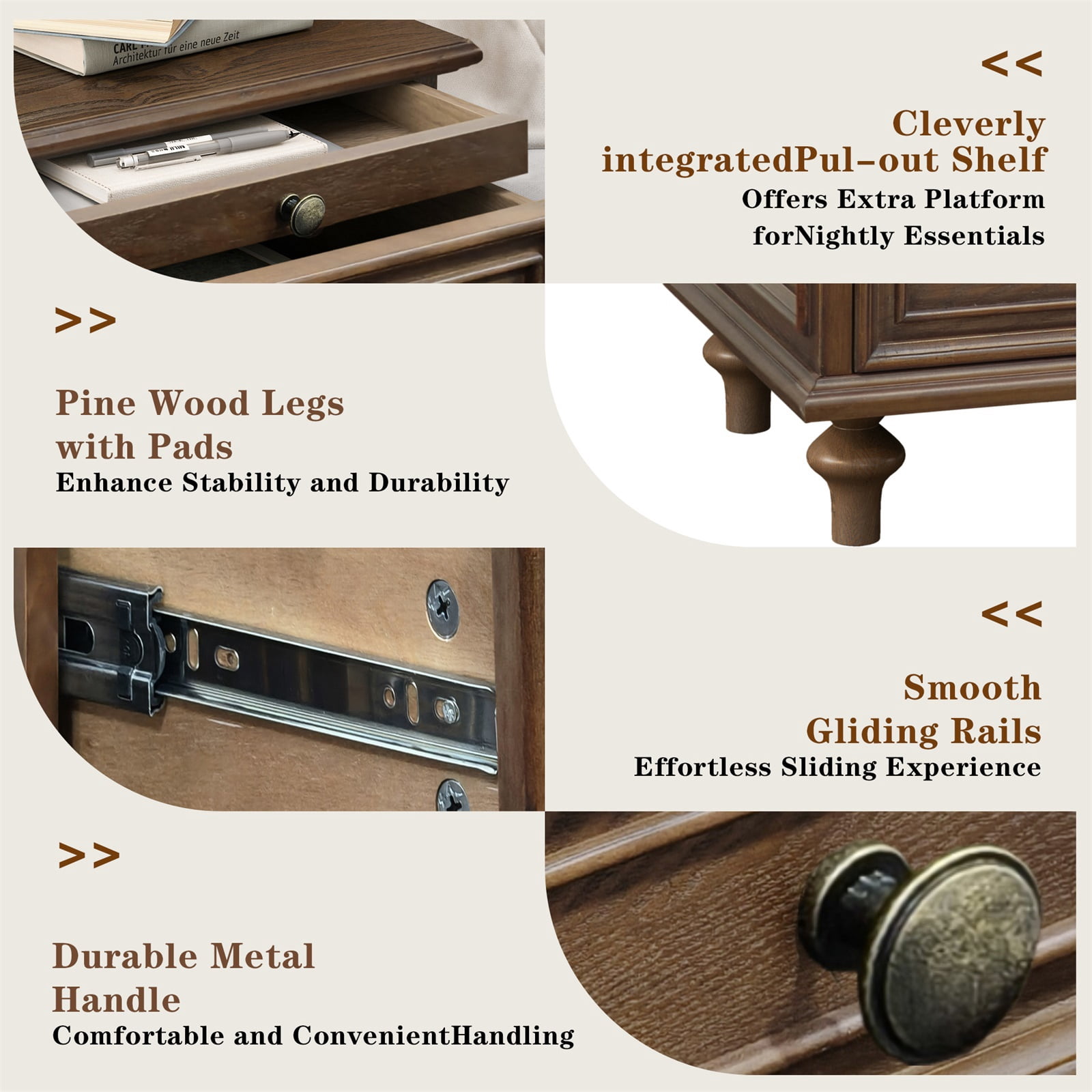 Hommoo Farmhouse Wood 4-Drawer Nightstands Set of 2, Large End Table Bedside Table Set with Solid Wood Feet and Metal Handle, for Living Room,Bedroom,Office, Walnut Brown
