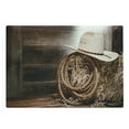 thumbnail image 1 of Western Cutting Board, American West Rodeo Hat Traditional Ranching Robe on Wooden Ground Folk Art Photo, Decorative Tempered Glass Cutting and Serving Board, Large Size, Brown Beige, by Ambesonne, 1 of 1