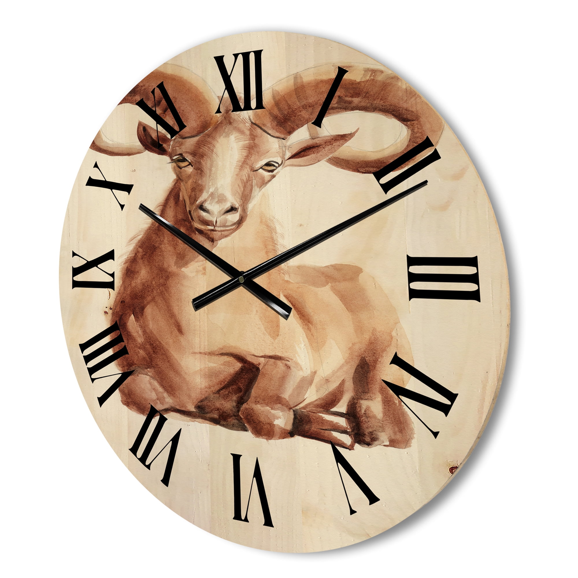 Designart 'Abstract Portrait of Wild Ram With Mighty Horns II' Farmhouse Wood Wall Clock