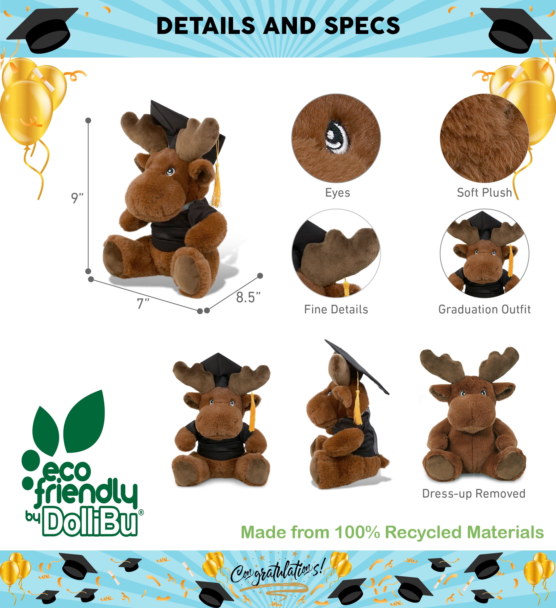 DolliBu Graduation Moose Plush - 21 Inch Stuffed Animal With Cap & Gown, Personalizable Gift