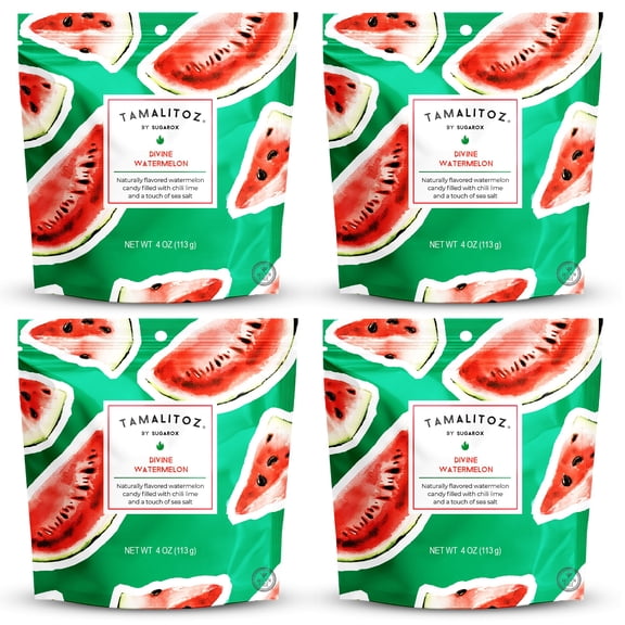 Tamalitoz Divine Watermelon – Spicy Watermelon Mexican Hard Candy Filled with Chile, Lime & Sea Salt – Handcrafted Fruit Candy, Gluten-Free, Kosher, No Artificial Colors, 4 Bags – 4oz Each