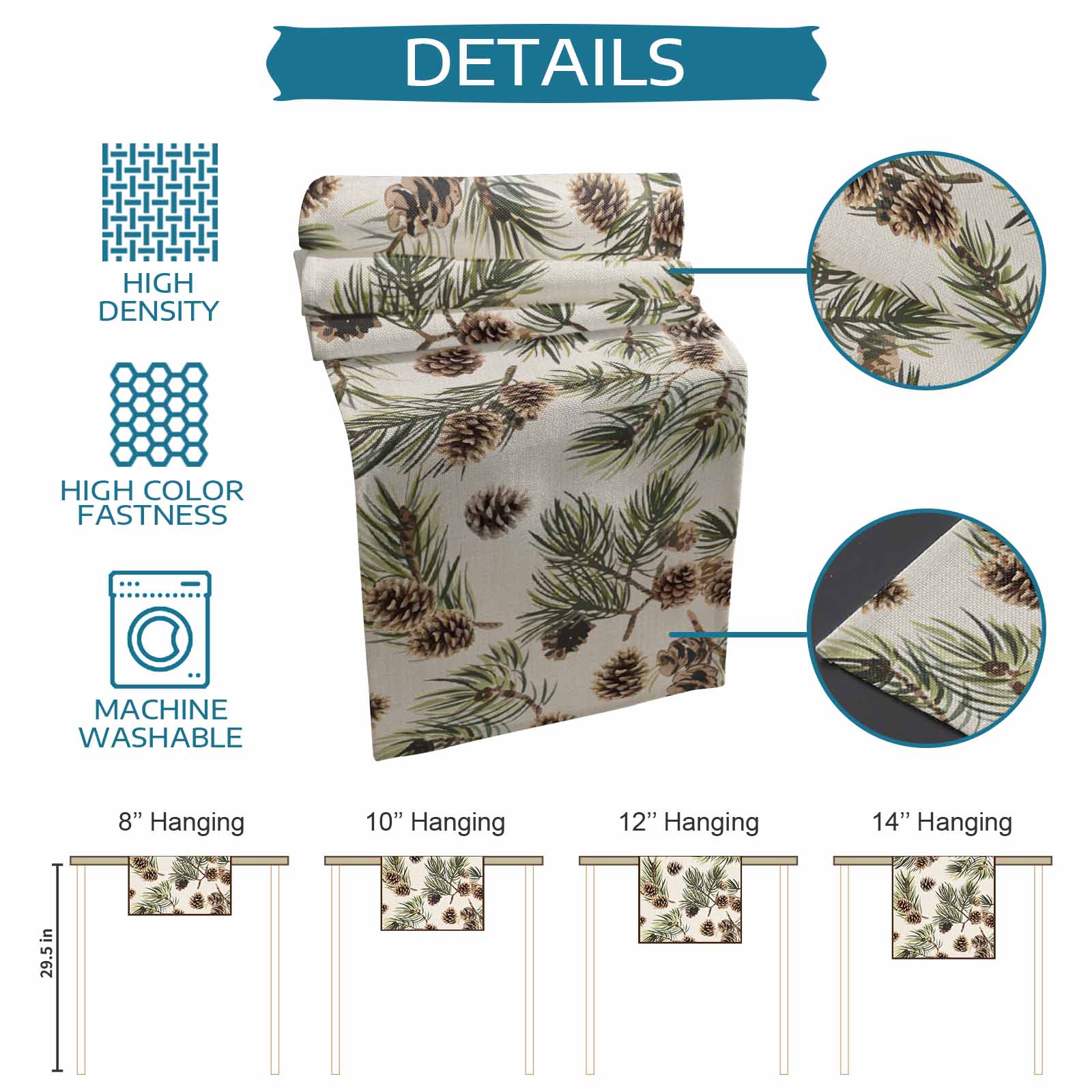 Brown Pine Cones Table Runner, Green Leaves Branch Vintage Linen Kitchen Table Runners Dress Scarves for Table Decorations Party/Restaurant/Indoor Outdoor Use, 13x90in