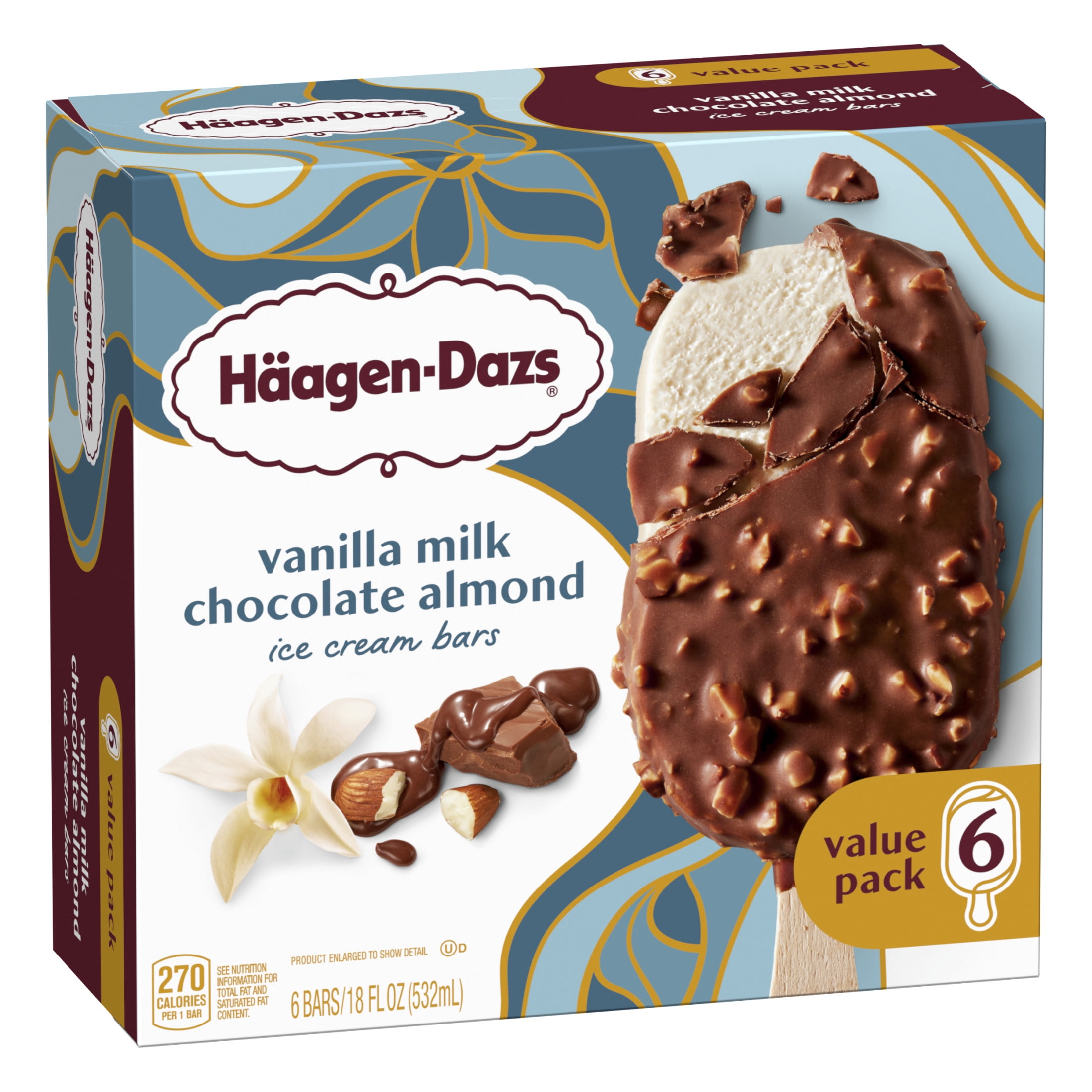 Haagen Dazs Vanilla Milk Chocolate Almond Ice Cream Bars, Gluten Free, Kosher, 6 Count