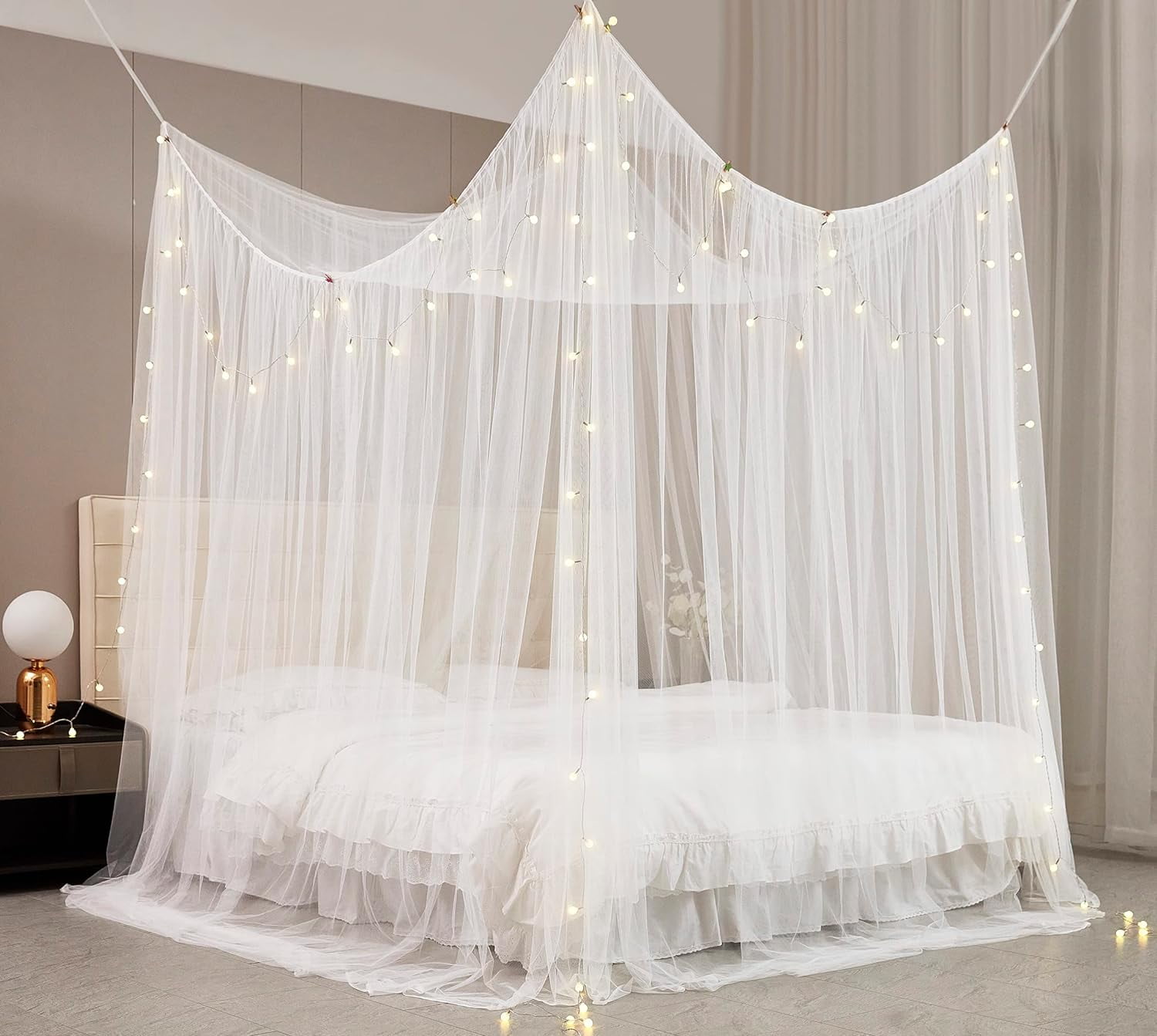 Bed Canopy for Full Queen King Size Bed,Canopy Bed Curtains Elegant Mosquito Net,Mosquito Netting for Camping Patio Indoor Outdoor Bug Net,White