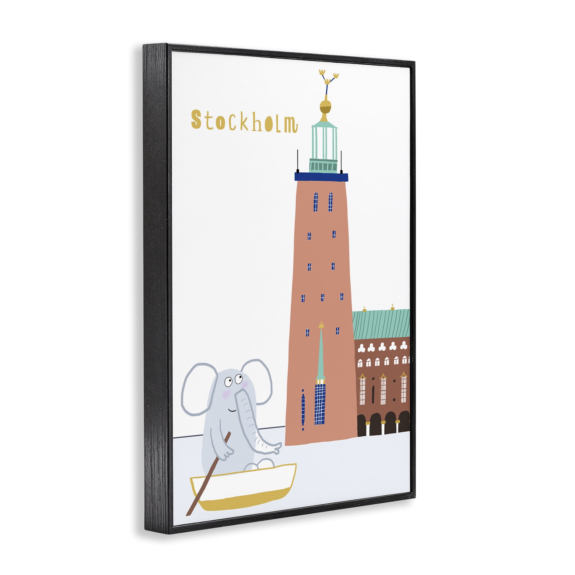 Elephant in Stockholm Boat Black Framed Giclee Art, design by Carla Daly