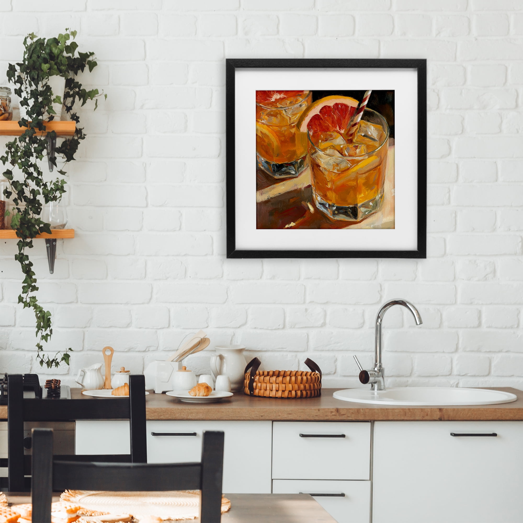 Stupell Industries Grapefruit Cocktail with Ice Cubes Black Framed Print Under Glass, design by Petal Prints Design