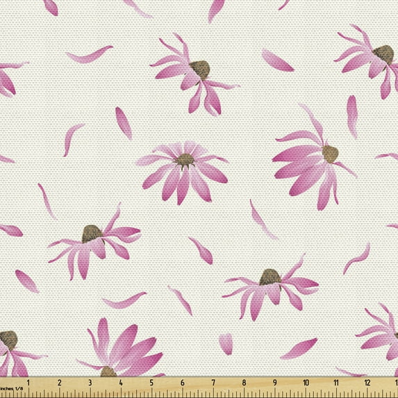 Floral Fabric by the Yard Upholstery, Romantic Purpurea Cone Flower Plants Herbs and Flying Petals Vintage Layout, Decorative Fabric for DIY and Home Accents, Ivory Pale Pink by Ambesonne