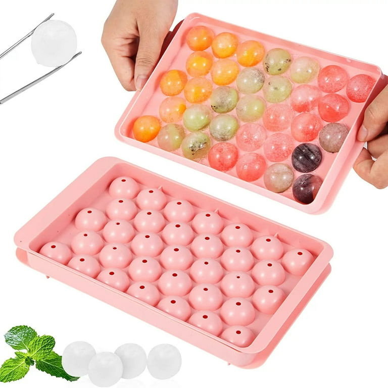 Ticent Sphere Ice Cube Trays with Lid & Bin - Small Round Ice Ball Maker Mold for Freezer with Container Mini Circle Ice Cube Tray Making 64pcs Ice