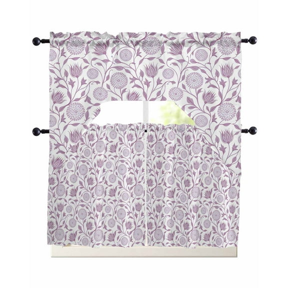 Purple Flowers Kitchen Curtains Sets 24 Inch Length with Valance, Vintage Country Plants Floral Herbs Swag Valances and Tiers Curtain Set Drapes Swag Curtains for Living Room, Bathroom, Bedroom, Cafe