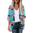 thumbnail image 2 of Blue Lightweight Cardigan for Women,Women's Floral Print Puff Sleeve Kimono Cardigan Loose Cover Up Casual Blouse Tops,Lightweight Cardigans for Women Summer 3/4 Sleeve, 2 of 4