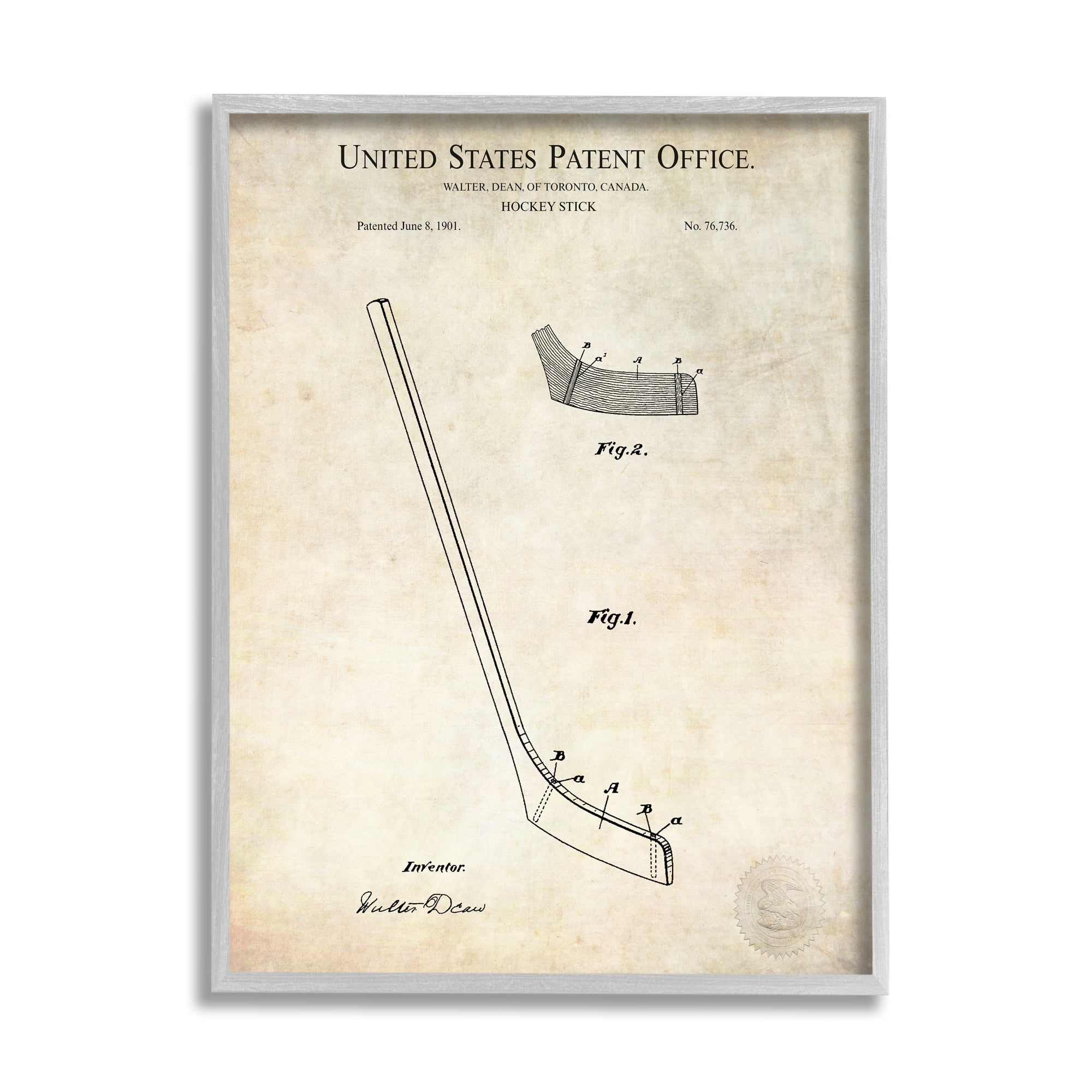 Stupell Industries Vintage Hockey Stick Sports Diagram Patent Blueprint Framed Wall Art, 24 x 30, Design by Karl Hronek
