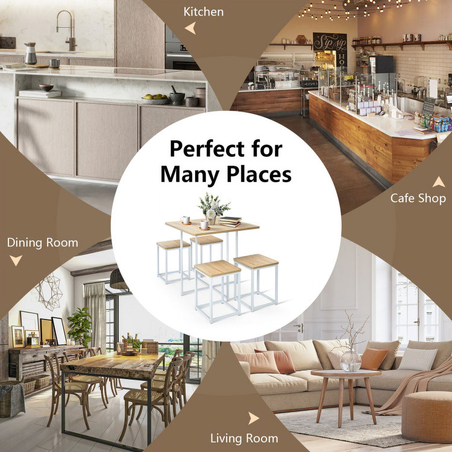Finihen Dining Set, Dining Table Set, 5 Pieces Metal Frame Dining Set with Compact Dining Table and 4 Stools, for Home, Restaurant, Natural Finihen Dining Set, Dining Table Set, 5 Pieces Metal Frame Dining Set with Compact Dining Table and 4 Stools, for Home, Restaurant, Natural