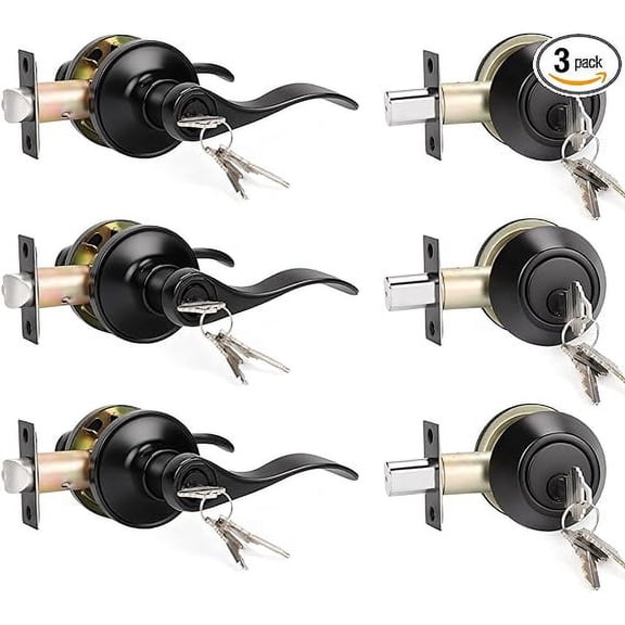 KNOBWELL 3 Pack Exterior Door Lock Set with Deadbolt Front Door Entry Lever Lockset with Single Cylinder Deadbolt, Aged Matte Black - Keyed Alike