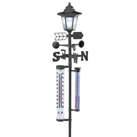 Solar Powered Weather Station Lantern Metal Yard Stake with Wind Direction Arrow, Rain Gauge, and Thermometer,