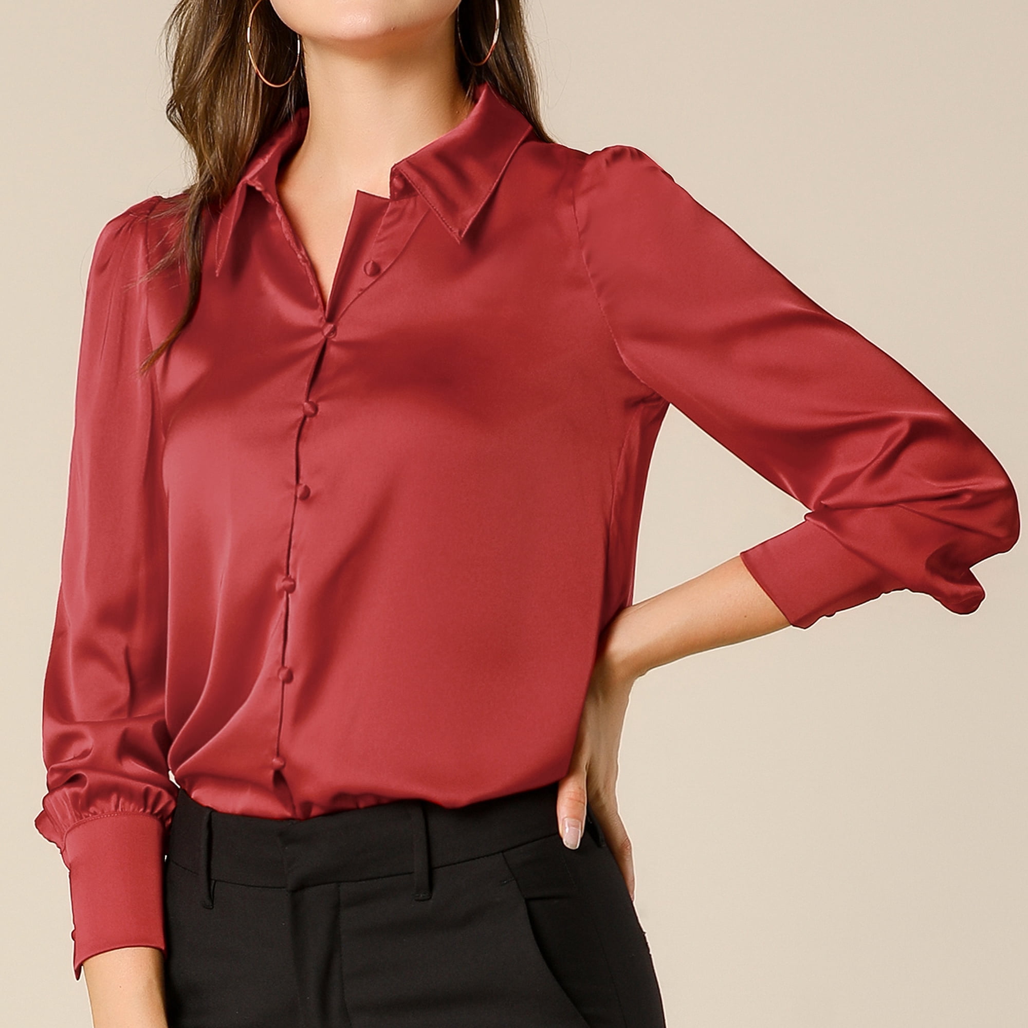 DARING DIVA Women's Satin Blouse Puff Long Sleeve Collared Button Down Shirt XL Red