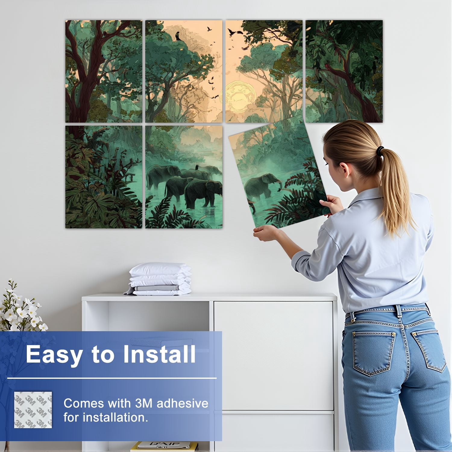 8 Pack Art Acoustic Panels Sound Absorbing Majestic Elephants Exotic Rainforest Decorative Soundproof Wall Panels Self Adhesive for Nursery Game Room Bedroom 48"x32"