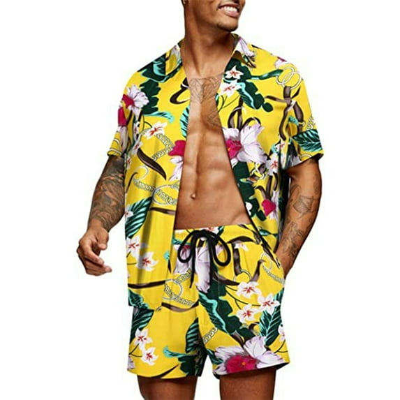 Biekopu Men's Hawaii Shirt Suits, Fashion Printed Button Down Short Sleeve Shirt + Beach Shorts Set
