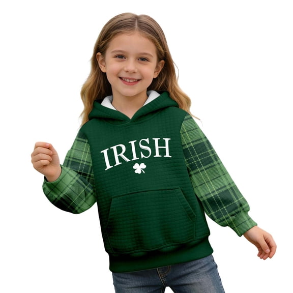 Toddler Waffle St Patrick's Day Hoodie With Shamrock Irish Print Crew Neck Pullover With Pockets Dark Green 4 Y-5 Y