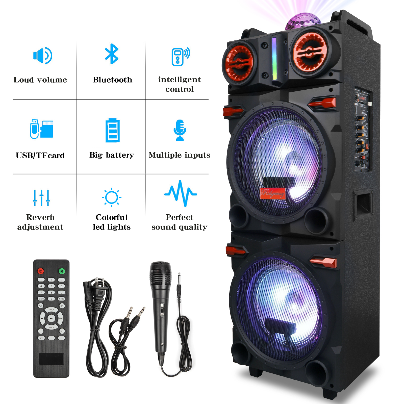 Lohoms Portable Wireless Speaker, Dual 10" Subwoofer & 1" tweeter Trolley Bluetooth Speaker W/ Microphone Heavy Bass Stereo Woofer Party Sound PA System, AUX, FM, Remote, LED Light, 40.5" H
