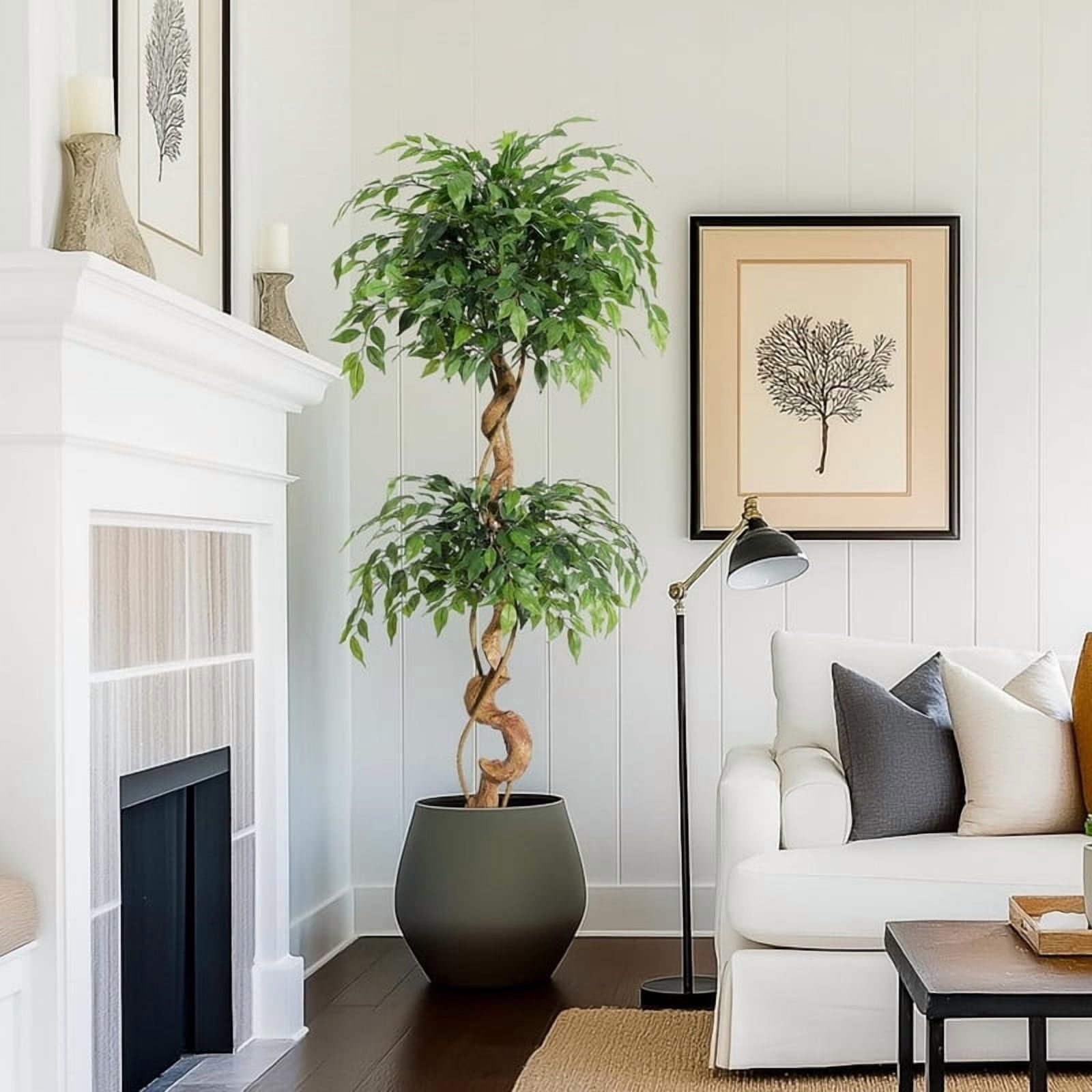 5 Ft Ficus Artificial Tree with Curved Trunk, Faux Plant Fake Silk Trees with White Pot for Home Office Decor Indoor Outdoor
