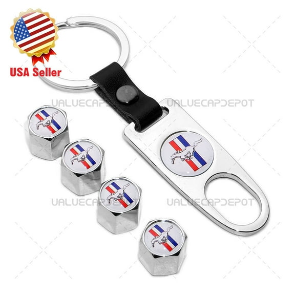 Car Wheels Tire Valve Dust Stems Air Caps With Keychain Ring Mustang Logo Emblem