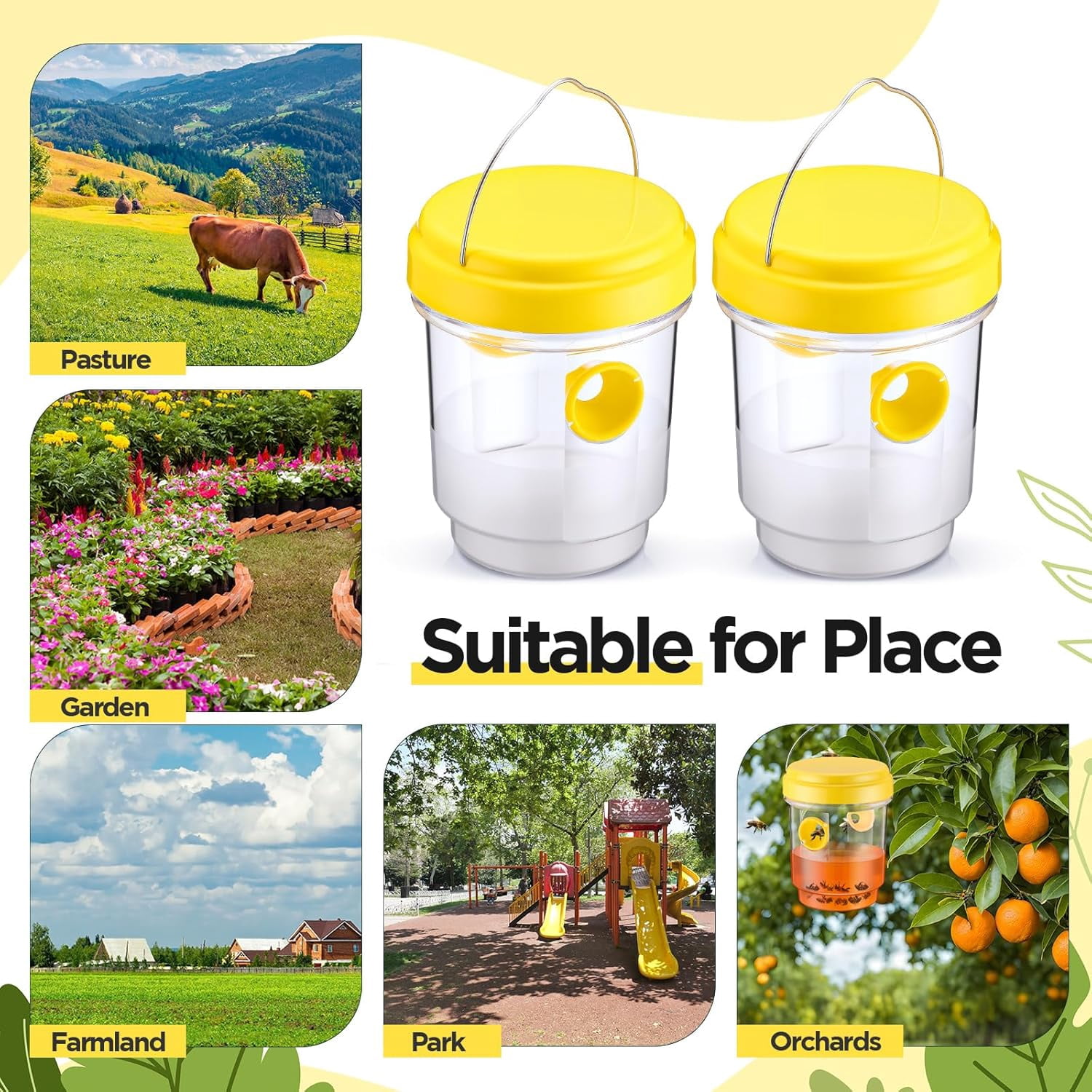 4-Pack Solar Wasp Traps Outdoor Hanging, Reusable Solar Bee Trap for Outside with LED Light, Hornet Traps, Bee Wasp Catcher Outside Garden, Yellow