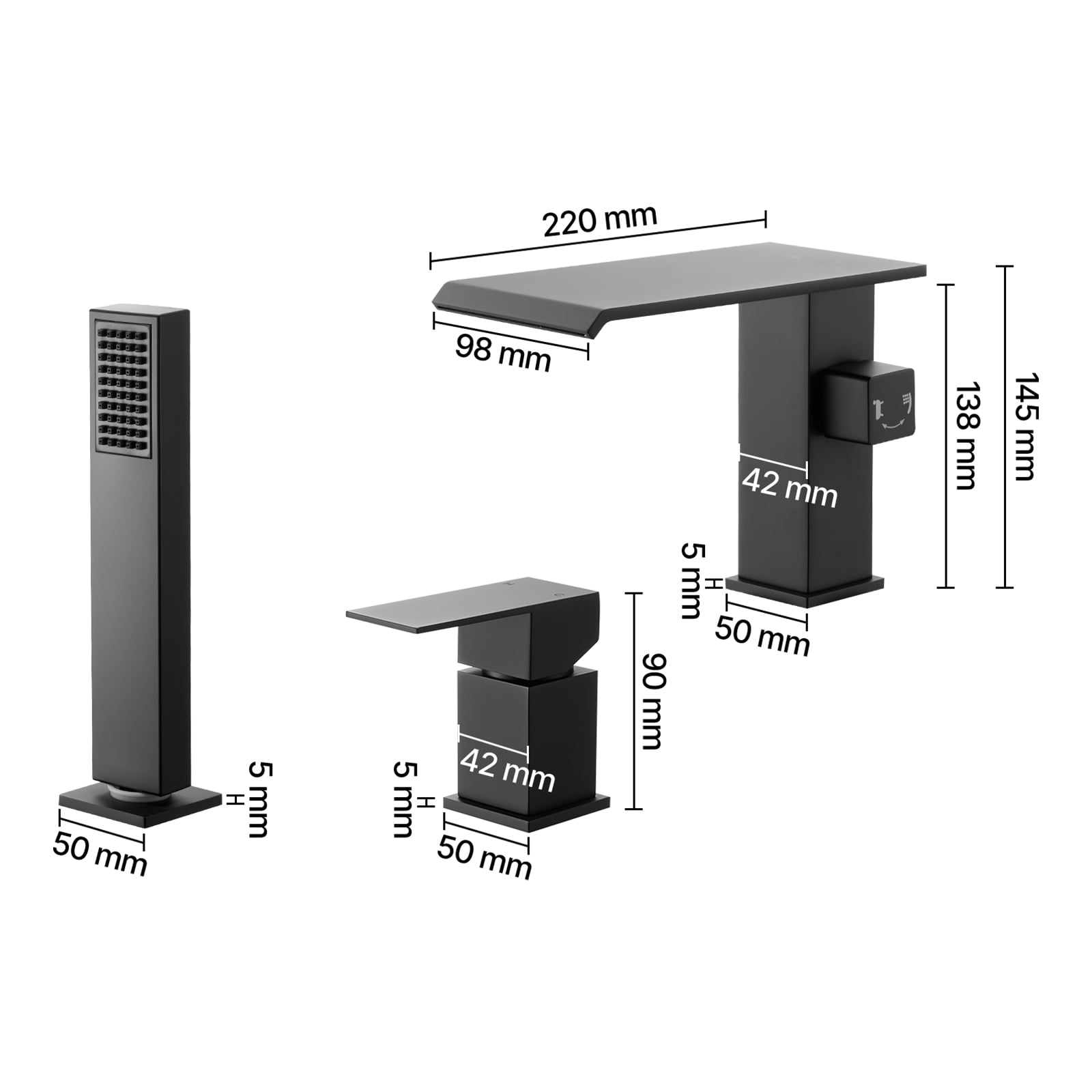 KFFKFF Roman Tub Faucet, 3-Hole Waterfall Bathtub Fixture with Shower Head & Single Handle, Deck-Mounted Bath Faucet Set for Washing Pets, Baby Care, and Adult Bathing, Matte Black