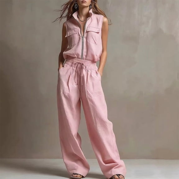Morttic Women's 2 Piece Solid Color Casual Pocket Matching Outfit Zip Up Sleeveless Vest & Drawstring Wide Leg Pants Set Pink,S