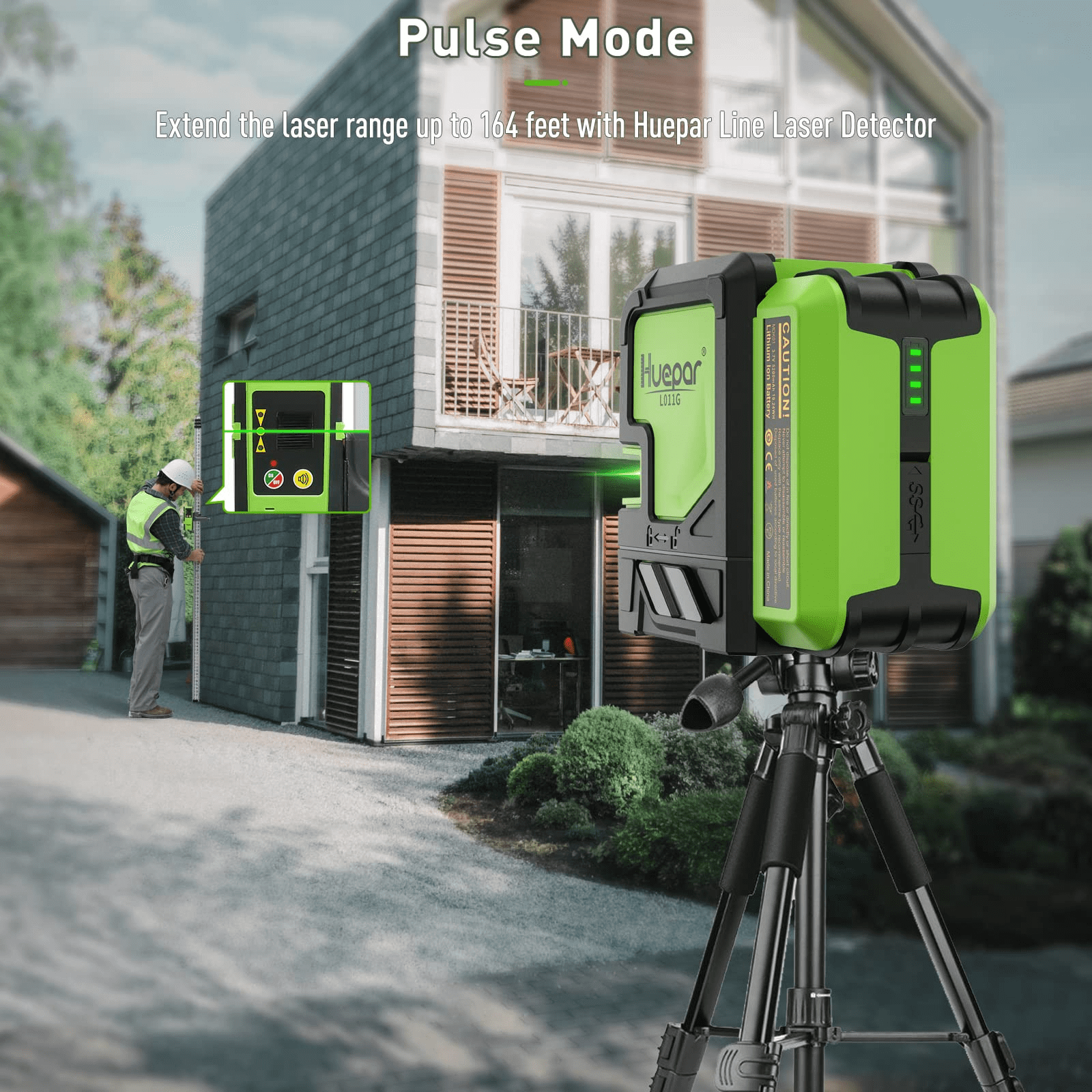 Huepar Green Beam Cross Line Laser Level Outdoor Self Leveling Laser Level Tools with 5200mAh Li-ion Battery