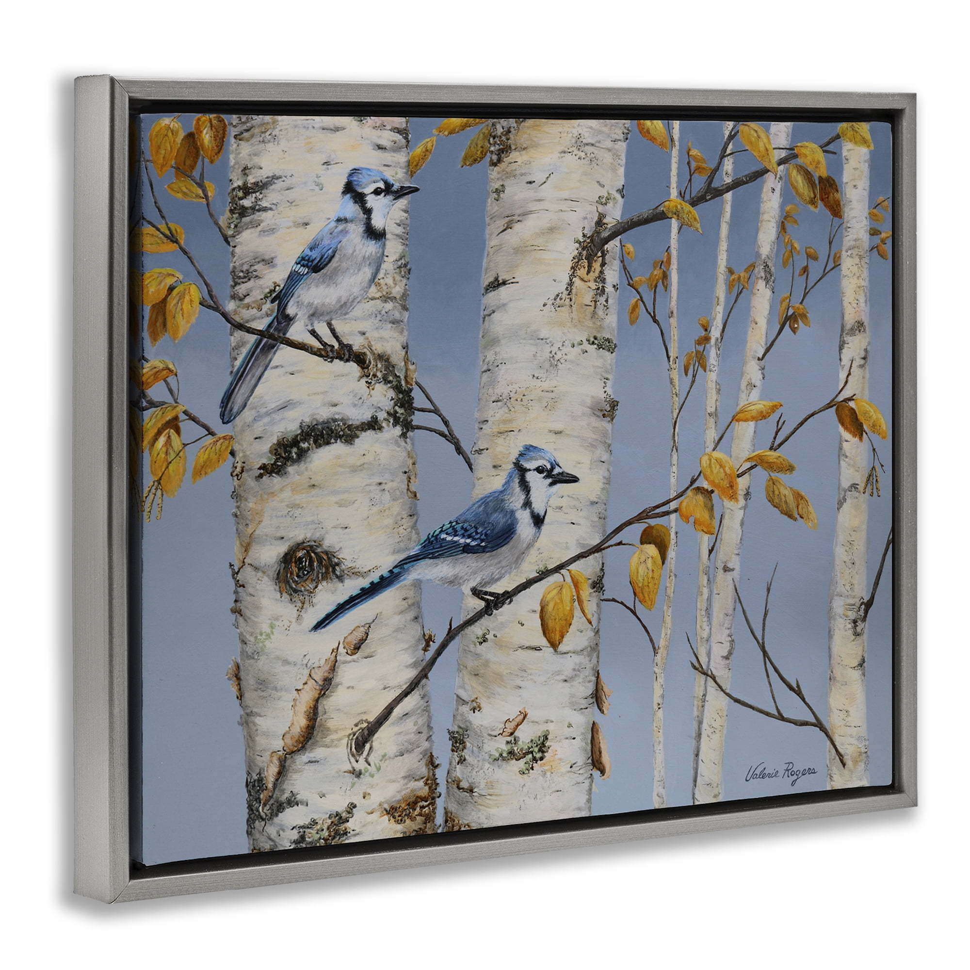Stupell Industries Blue Jay Autumn Day Landscape & Nature Painting Gray Floater Framed Canvas Art Print Wall Art, 31 x 25