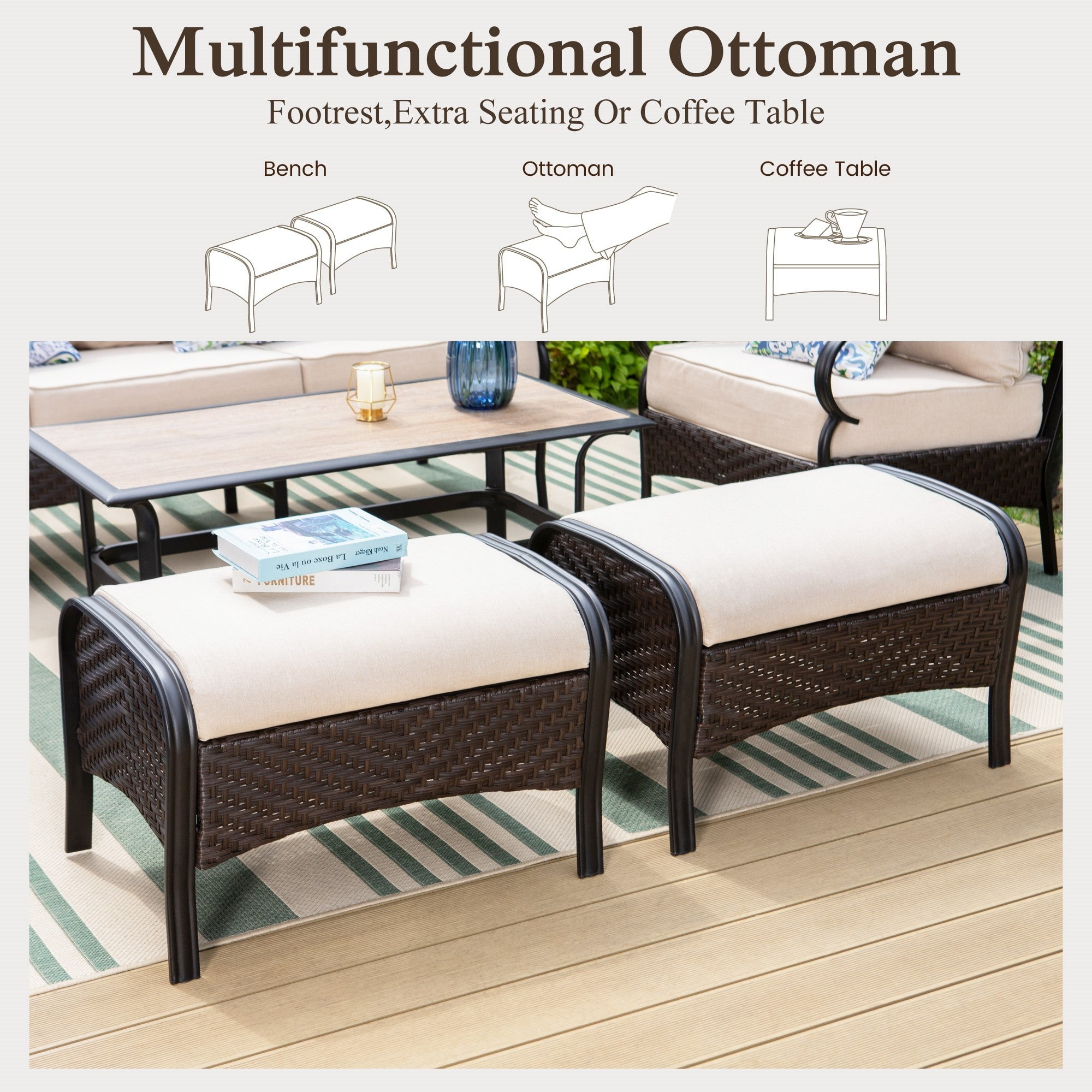 Sophia & William 4 Piece Steel Patio Furniture Set Outdoor 5-Seat Wicker Rattan Conversation Set with 56" Fire Pit Table and Swivel Sofa Chairs