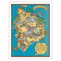 Hawaiian Island of Hawaii (Big Island) Map - Hawaii Tourist Bureau - Vintage Hawaiian Colored Cartographic Map by Ruth Taylor White c.1941 - Bamboo Fine Art 290gsm Paper (Unframed) 12x16in
