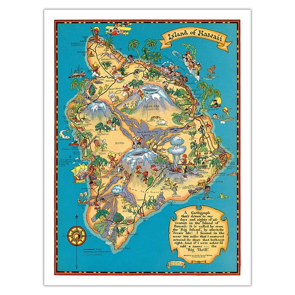 Hawaiian Island of Hawaii (Big Island) Map - Hawaii Tourist Bureau - Vintage Hawaiian Colored Cartographic Map by Ruth Taylor White c.1941 - Bamboo Fine Art 290gsm Paper (Unframed) 12x16in