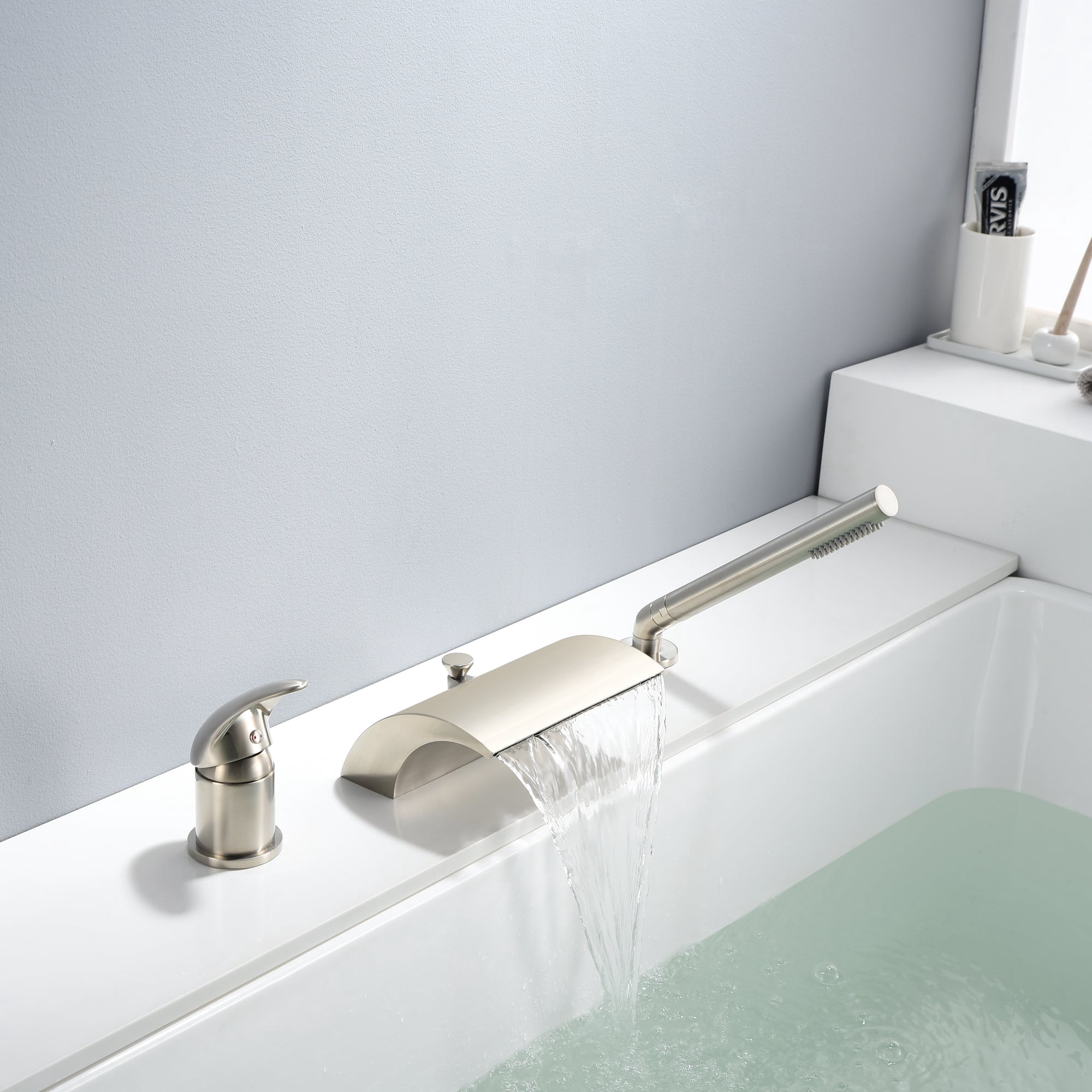 Sumerain Waterfall Roman Tub Faucet with Diverter Brushed Nickel, High Flow Waterfall Tub Filler