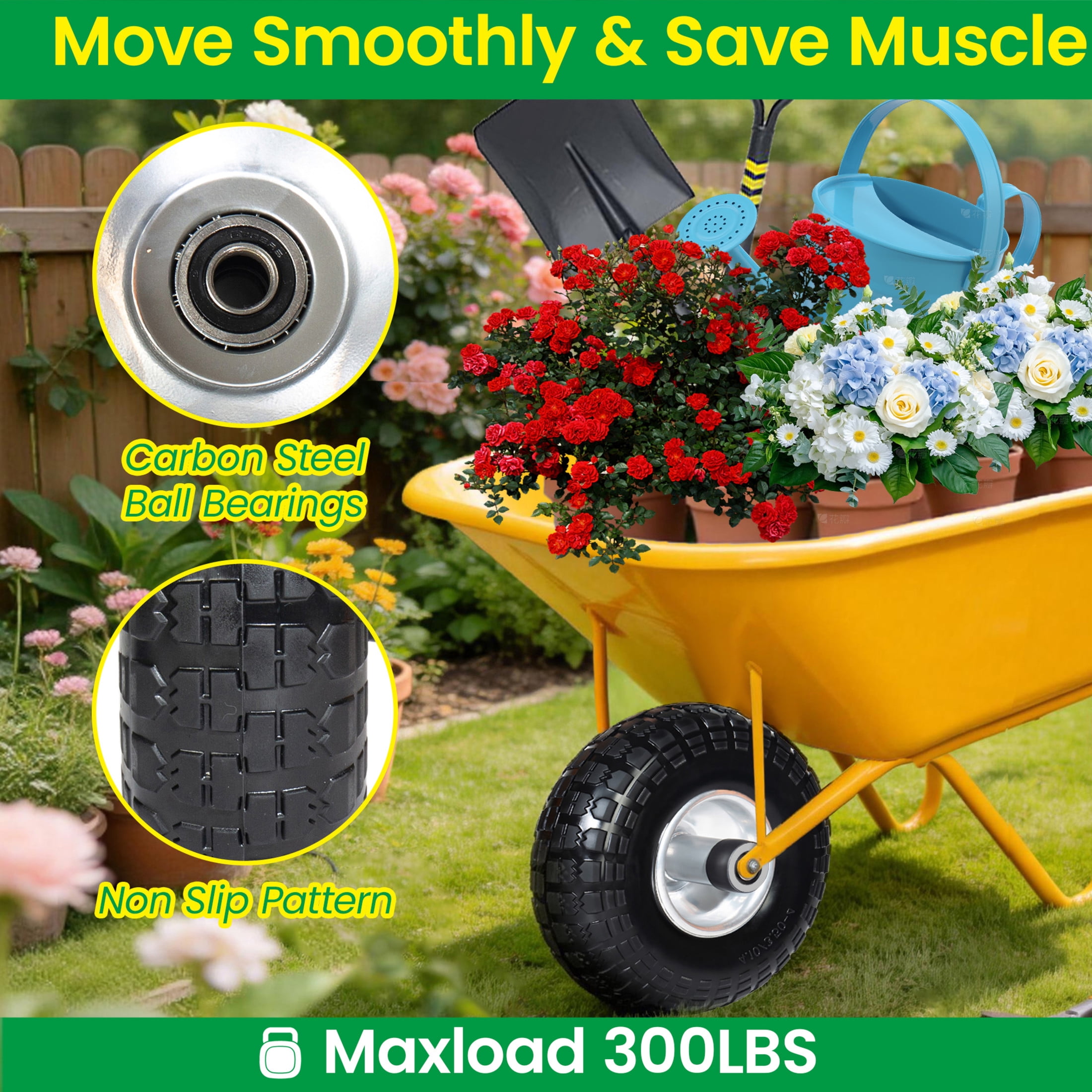 Noble House 10" x 3.2" Solid Flat-Free Tire & Wheel with 5/8" Bearings, Black, Heavy Duty for Wheelbarrows, Set of 4