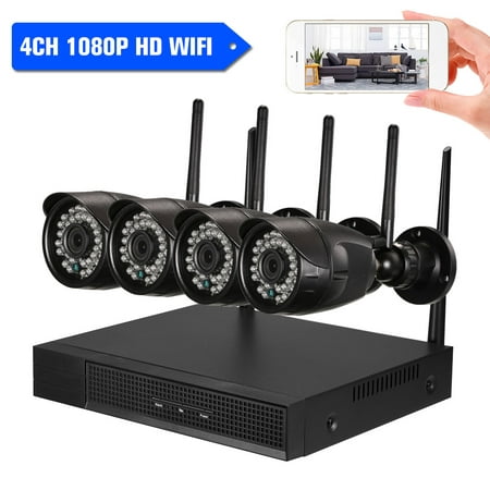 4CH 1080P HD WiFi NVR Kit with 4pcs 1080P 2.0MP Wireless WiFi Waterproof Outdoor Bullet IP Camera Support P2P Onvif IR-CUT Night Vision Phone Control Detection for CCTV Security Surveillance (Best Ip Camera For The Money)